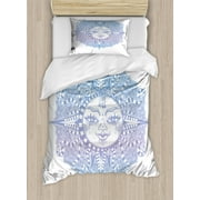 Ethnic Duvet Cover Set Twin Size, Human Face on an Orient Contemporary Design Funky Illustration, Decorative 2 Piece Bedding Set with 1 Pillow Sham, Lavender Blue and Azure Blue, by Ambesonne
