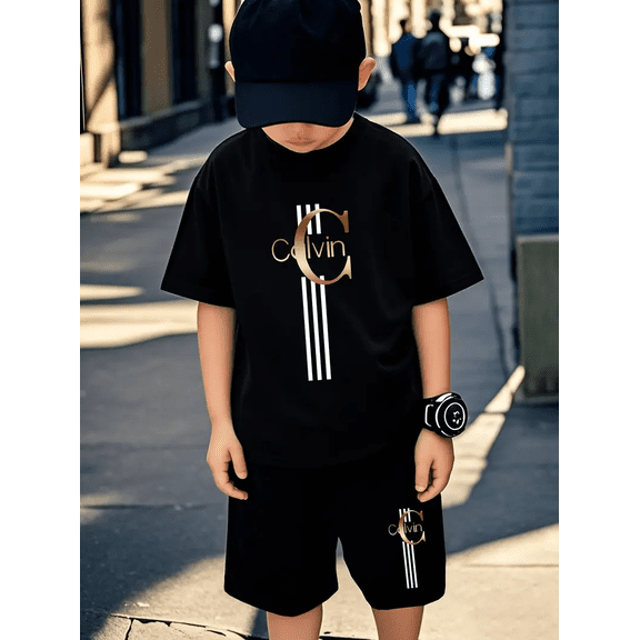 Boys' Letter Print T-Shirt & Shorts Set, 2-Pack