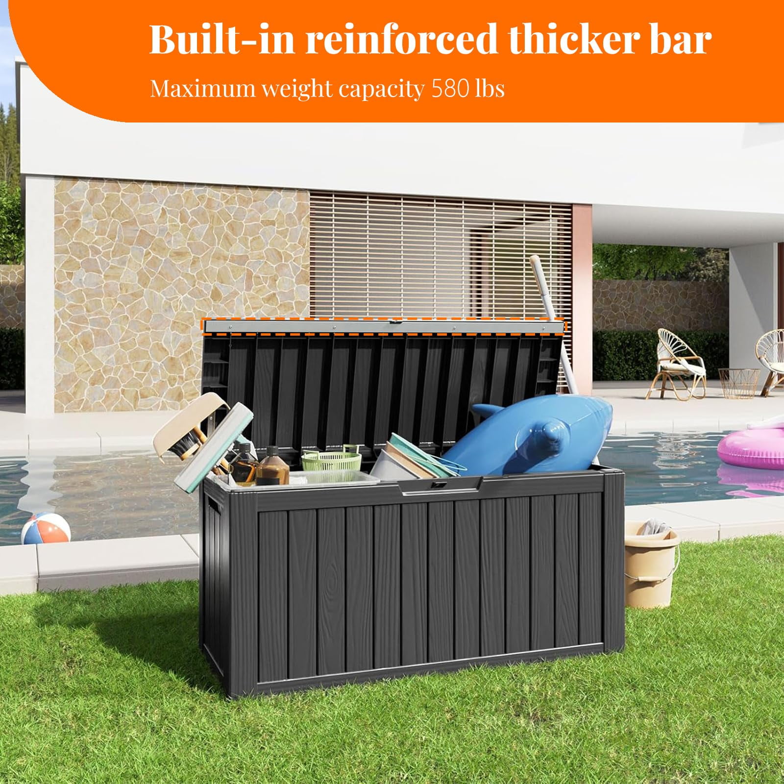 Miniyam 80 Gallon Resin Deck Box, Outdoor Storage Box, Gardening Tools, Lockable, Waterproof, Black