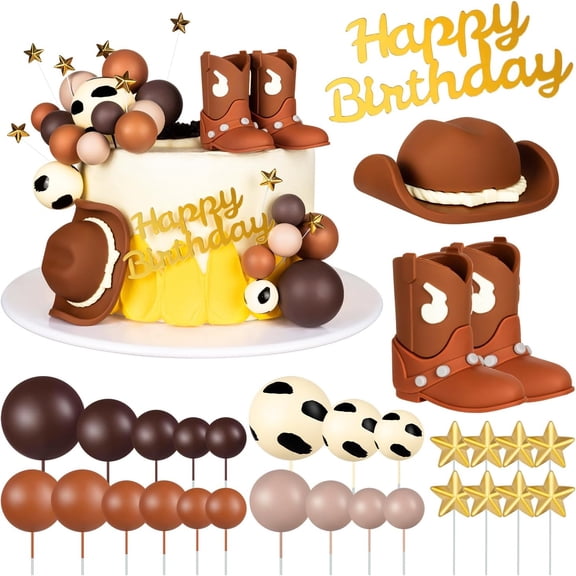 30Pcs Cowboy Cake Topper Cowboy Hat Boot Balls Cake Decorations Western Theme Birthday Baby Shower Party Decoration