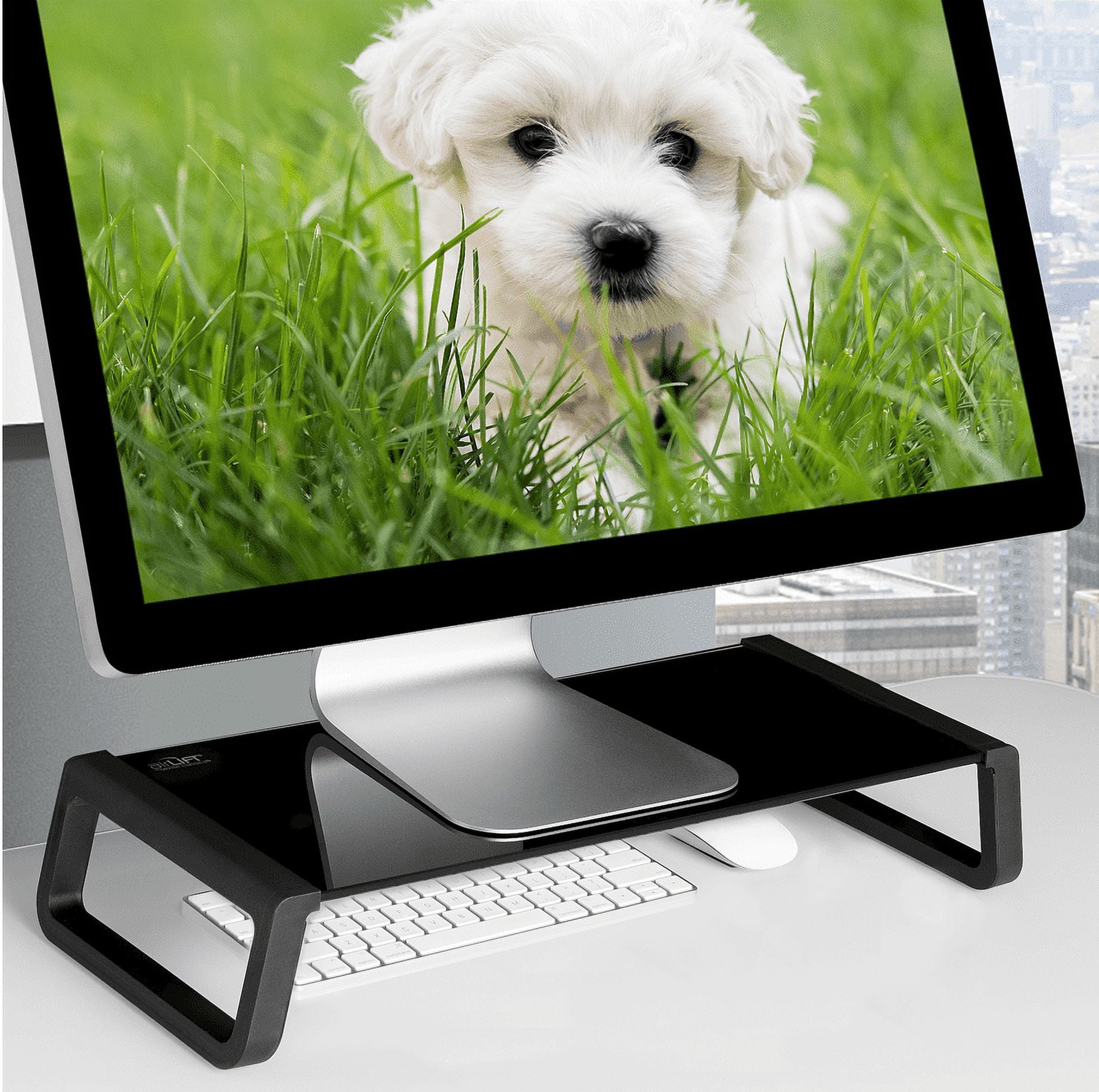 Seville Classics airLIFT 21" Tempered Glass Elevated Desk Stand Ergonomic Monitor Riser for Laptop, Computer, iMac, PC, Printer, Desktop - Midnight Black