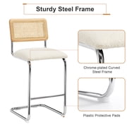 Zesthouse 26 Rattan Counter Height Bar Stools Set of 2, Boucle Upholstered Barstools with Cane Back and Chrome Base, Mid Century Counter Height Chairs for Kitchen Island, White