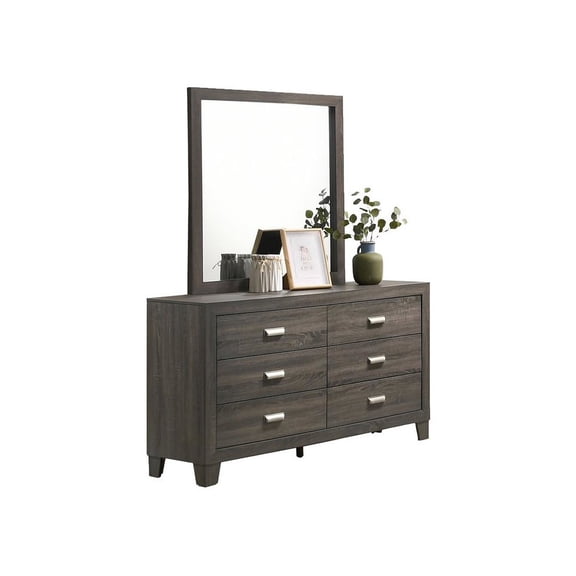 Rustic Bedroom Dresser with 6 Drawers and Attached Mirror in Gray Wood