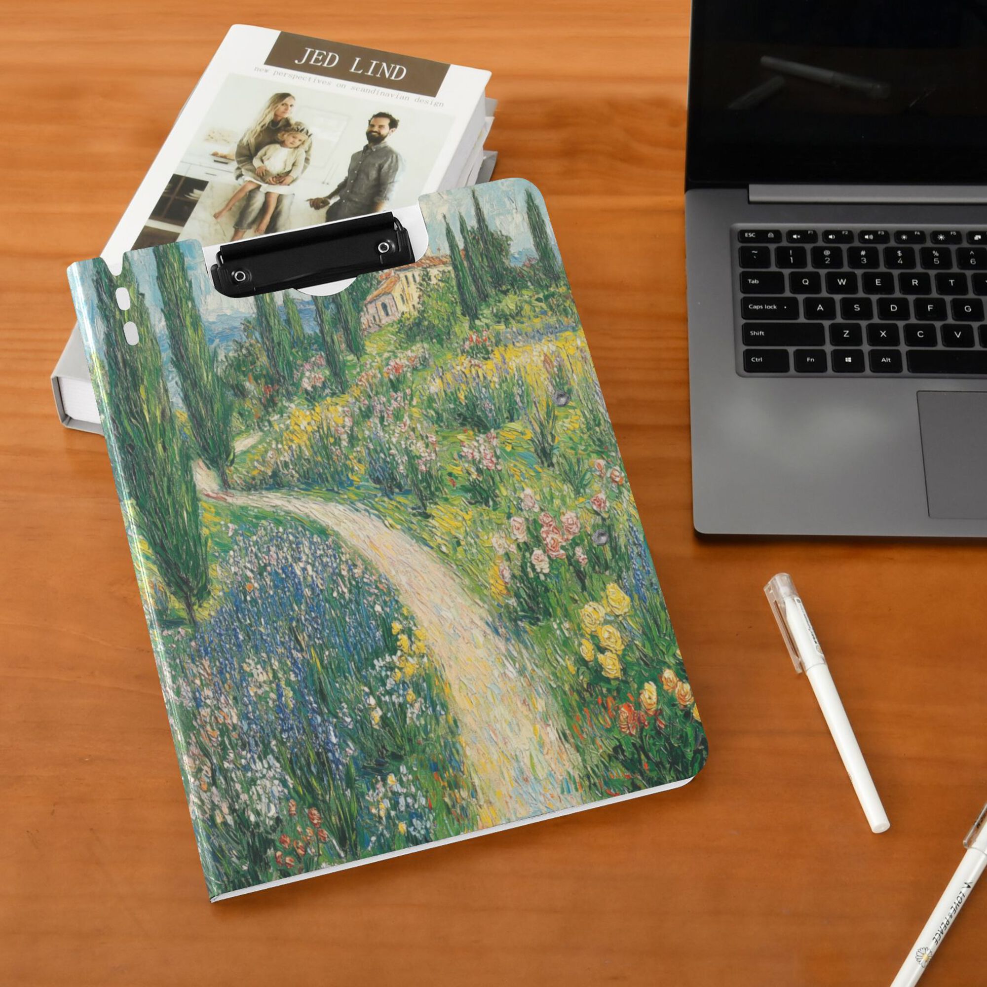 FORMRS A4 Clipboard Folder with Pen Holder Horizontal Foldable School Office Binder, Art Garden Scene
