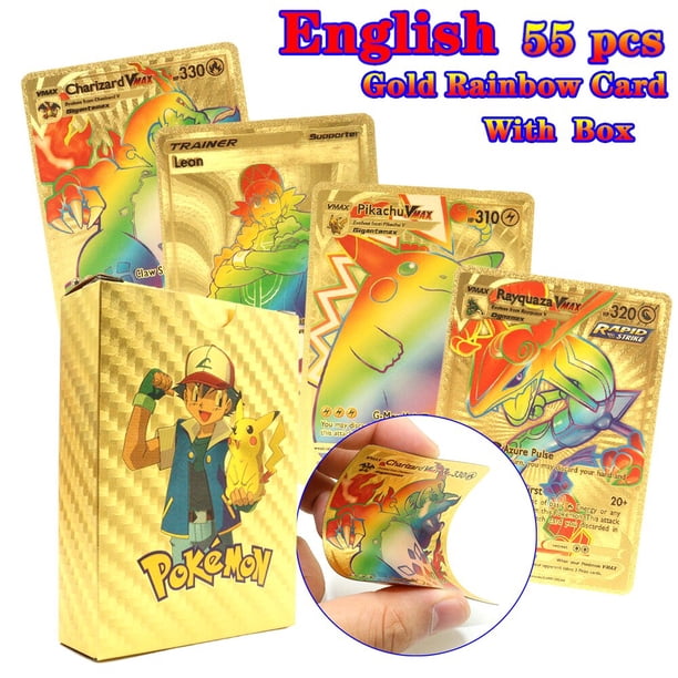 Cartas coloridas Pokémon genuinas, juego de cartas de aluminio dorado, Pikachu, Charizard, Mewtwo, inglés, español, francés, alemán, coreano, 55 piezas Fivean unisex