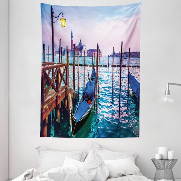 Venice Tapestry, Dreamy Evening View of Famous Italian City Architecture Water and Gondolas, Wall Hanging for Bedroom Living Room Dorm Decor, 60W X 80L Inches, Lilac Blue Brown, by Ambesonne