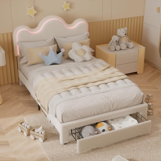 Adjustable forrado cabecero tamaño individual marco cama-bouclé cama plataforma almacenamiento cajones girls. princess marco cama niños strong wood slat support no necesita colchón base m...