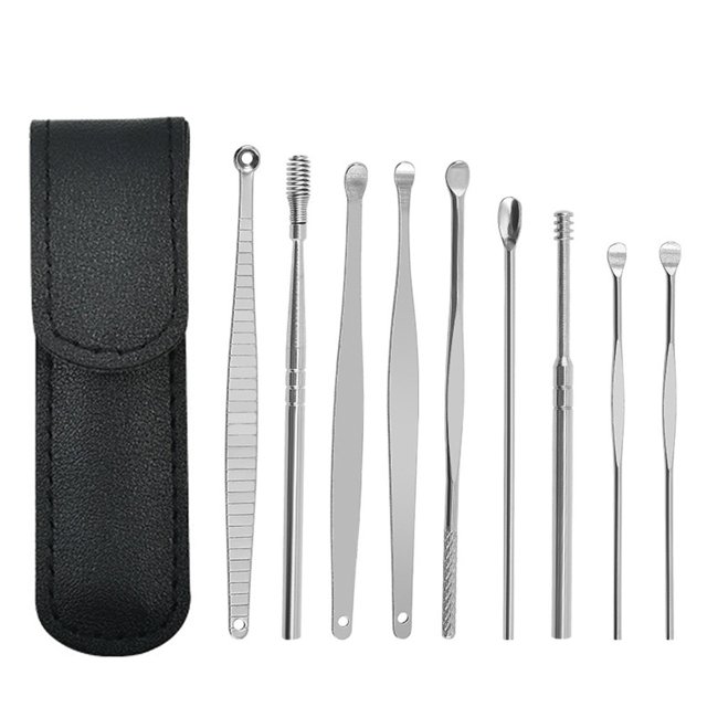Kit portátil de 9 piezas para la eliminación de cerumen, herramienta de acero inoxidable para acupuntura y limpieza de cerumen.