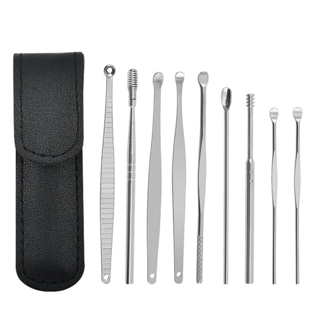 Kit portátil de 9 piezas para la eliminación de cerumen, herramienta de limpieza de cerumen de acero inoxidable para acupuntura de oídos y cuchara para oídos