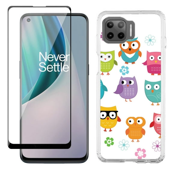 Slim-Fit Protective Phone Case compatible with Motorola Moto One 5G UW, with Tempered Glass Screen Protector, by OneToughShield ® - Happy Owl