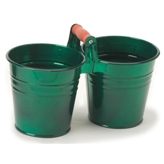 Enameled Galvanized 2 Planter Unit with Wood Handle, Glazed Green