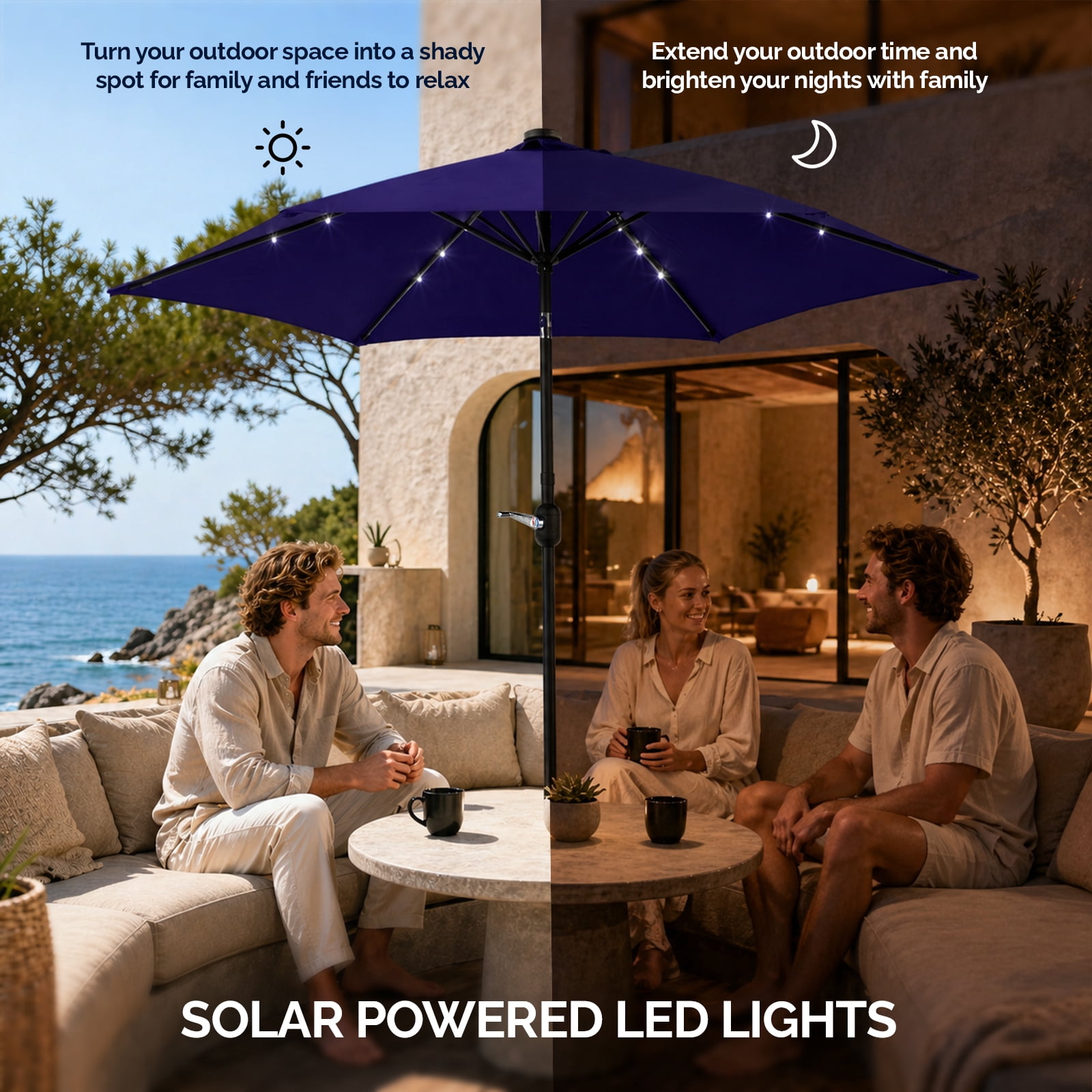 9ft Navy Blue Solar Patio Umbrella with LED Lights, UPF 50+ Waterproof Solution-Dyed Polyester Canopy, 6 Iron Ribs, Push Button Tilt & Crank Lift, Wind Resistant for Patio Garden Poolside