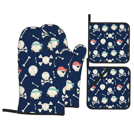 

Oven Mitts and Pot Holders 4 Piece Pirate Skulls 1 High Heat Slip Resistant Oven Mitt and Trivets Set Kitchen Oven Glove Pot Holders for Cooking Baking Grilling