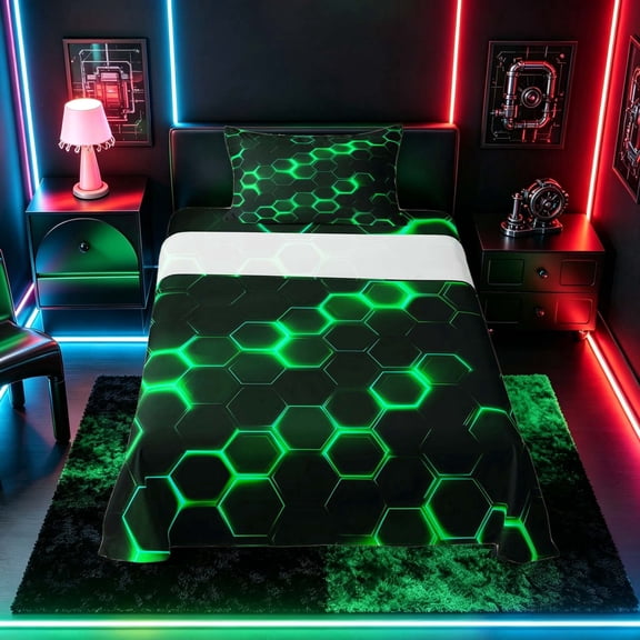 meiyoeat Neon Honeycomb Pattern Twin Sheet Sets for Boys Girls, Geometric Hexagon Bedding, Green, 3pcs, 1 Flat Sheet, 1 Fitted Sheet and 1 Pillowcase