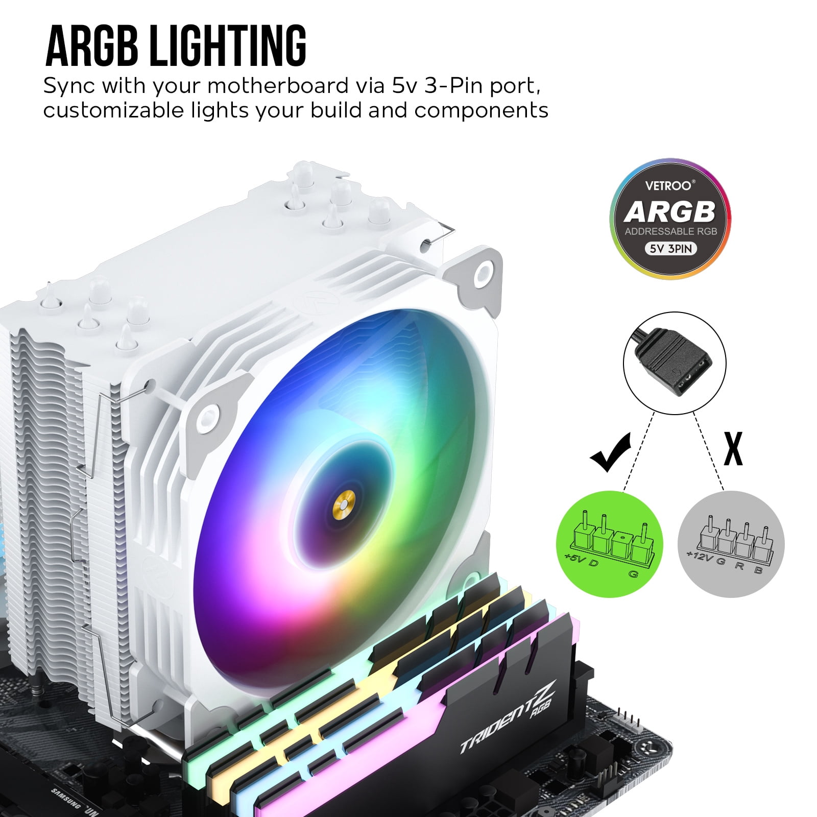 Vetroo V5 White CPU Air Cooler w/ 5 Heat Pipes 120mm PWM Processor Cooler for Intel LGA 1851/1700/1200/115X AMD Ryzen AM5 & AM4 w/Addressable RGB Lighting Sync