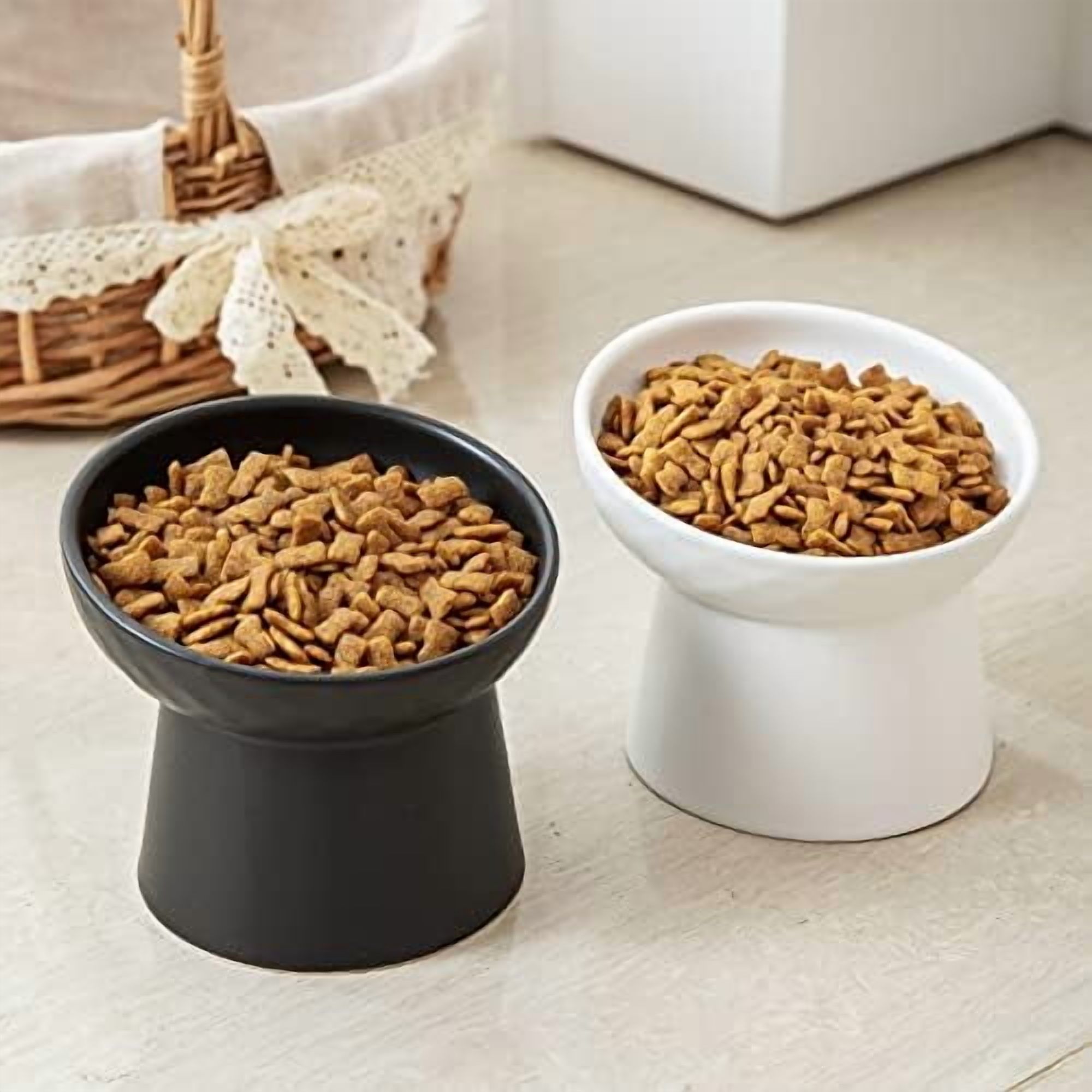 Ceramic Raised Cat Bowls, Elevated Tilted Cat Food and Water Bowls Set, Porcelain Stress Free Pet Feeder Dish for Cats and Small Dogs, Dishwasher and Microwave Safe, Set of 2(White)