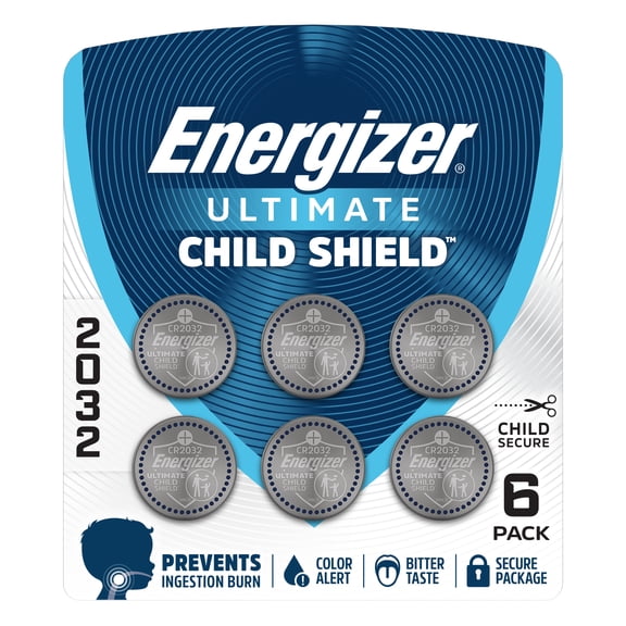 Energizer Ultimate Child Shield CR2032 Batteries (6 Pack), 3V Lithium Coin Batteries, Compatible with Apple AirTag and Tile Pro Devices, Key Fobs, Watches and More