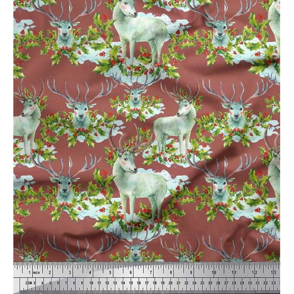 Soimoi Velvet Fabric Red Berries,Holly Leaves & Reindeer Animal Print Fabric by Yard 58 Inch Wide