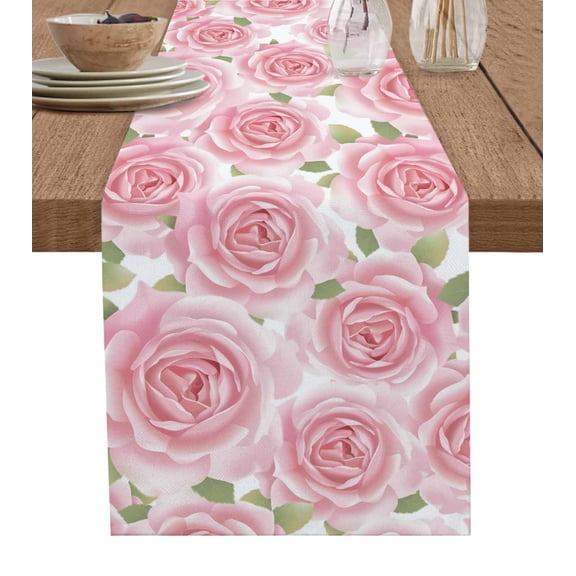 Pink Roses Table Runner 72 Inches, Retro Flower Floral Botanicall Plant Leaf Bed Runner Dresser Scarves Tabletop for Indoor Outdoor Parties/Ceremony/Banquet, 18" x 72"