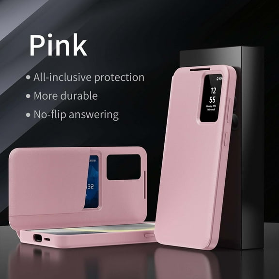 Compatible WIth Samsung Galaxy S22 Phone Case,Flip Cover,With Card Slots,With Intelligent Window,PU Leather Shockproof Anti-fall Thin Fit Phone Case for Samsung Galaxy S22,Pink