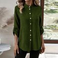 thumbnail image 2 of Mandarin Stand Collar Full Button Up Roll Tab Sleeve Chest Pocket Asymmetric High Low Hem Crinkle Cotton Linen Shirt for Women Spring Summer Casual Office Wear, 2 of 9