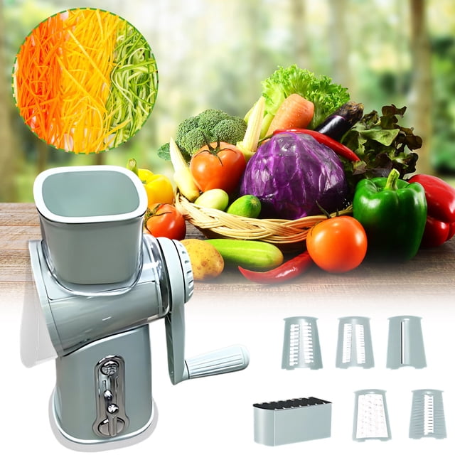 Rallador de queso rotatorio 5 en 1 con mango | Rebanador de alimentos y triturador de verduras manual | 5 cuchillas reemplazables de acero inoxidable | Base con ventosa resistente para mayor e