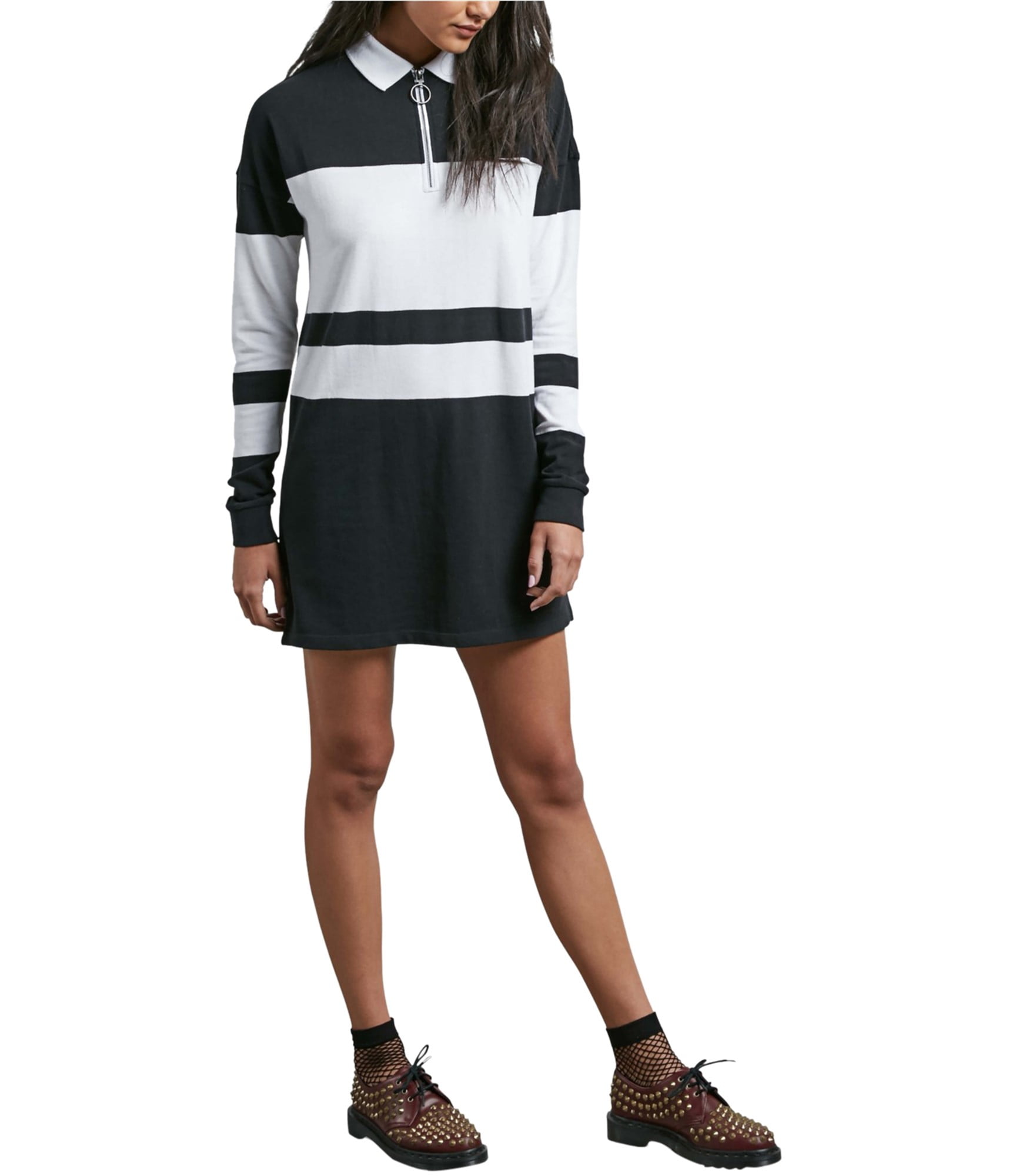 Womens RugbyStriped Polo Shirt Dress, Black, Large