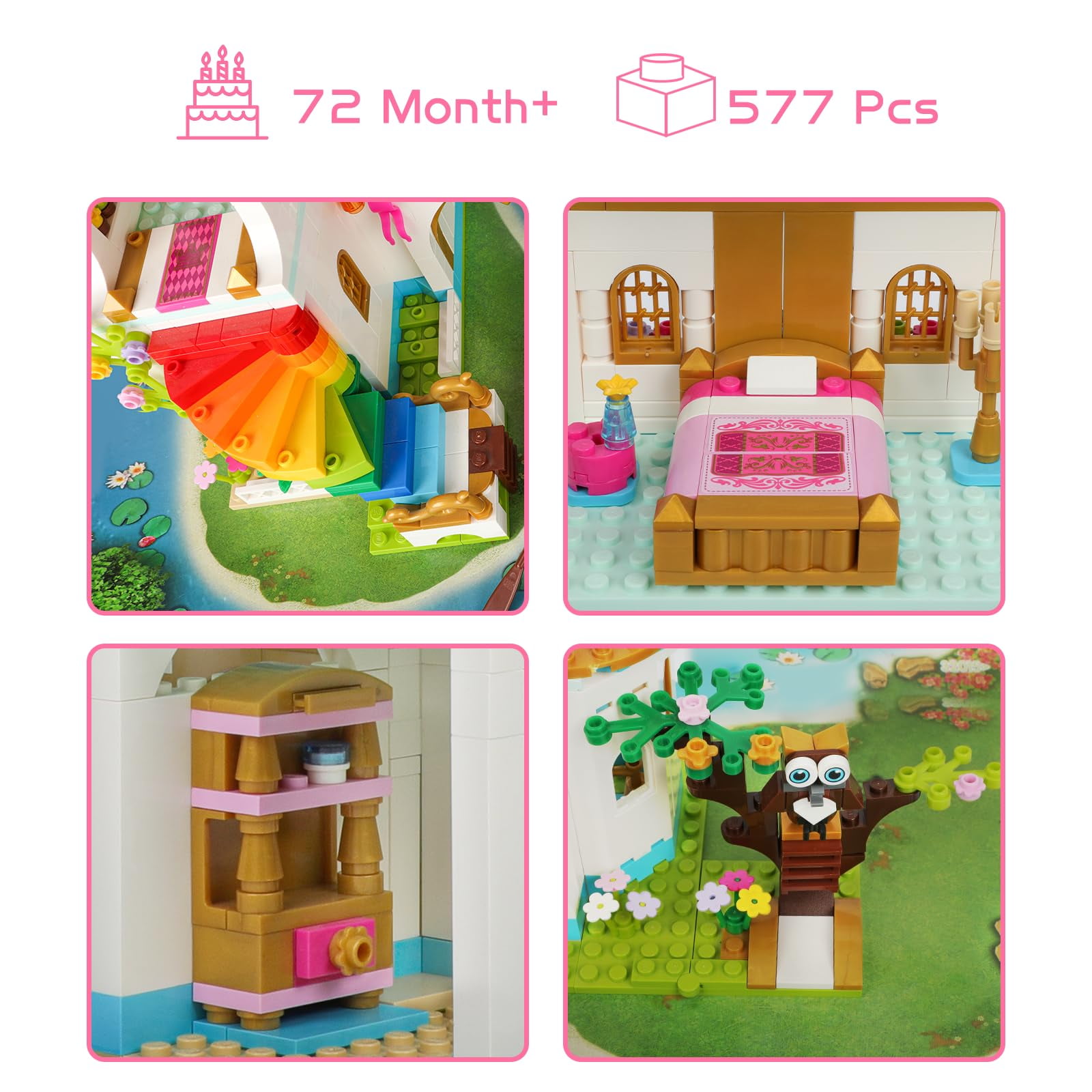 ENP Castle Building Toy Set, 577 Pcs Building Blocks Kit for Girls, Carriage Princess House Building Set, Gifts for Kids 6-12, Pink