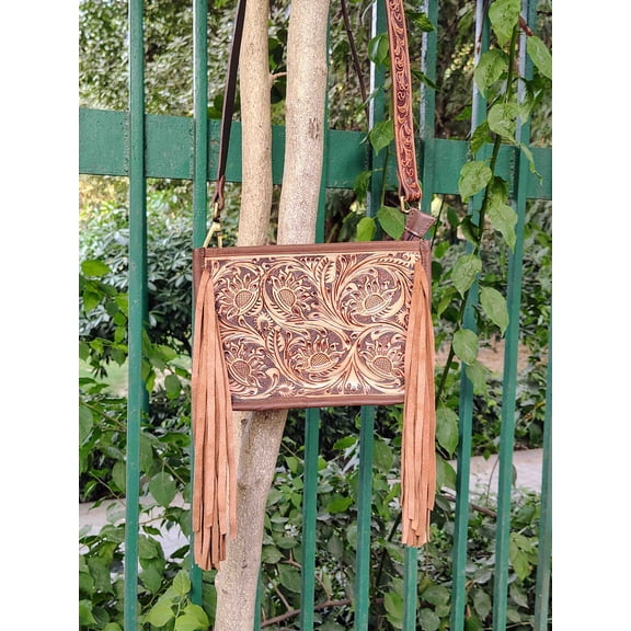 Boho Western Style Leather Bag, Tooled Crossbody Bag, Shoulder Tote with Fringes
