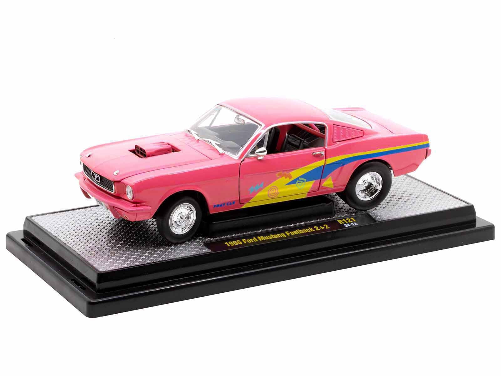 1966 Ford Mustang Fastback 2+2 Pink with Blue and Yellow Stripes "Pro Street" Limited Ed 1/24 Die Cast Model Car by M2 Machines