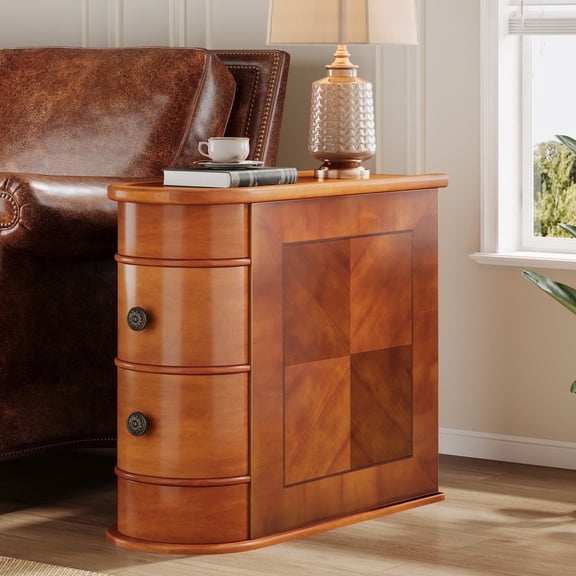Fnova Solid Wood End Table with 2 Drawers, No Assembly Required, Side Tables for Living Room, Bedroom, Walnut