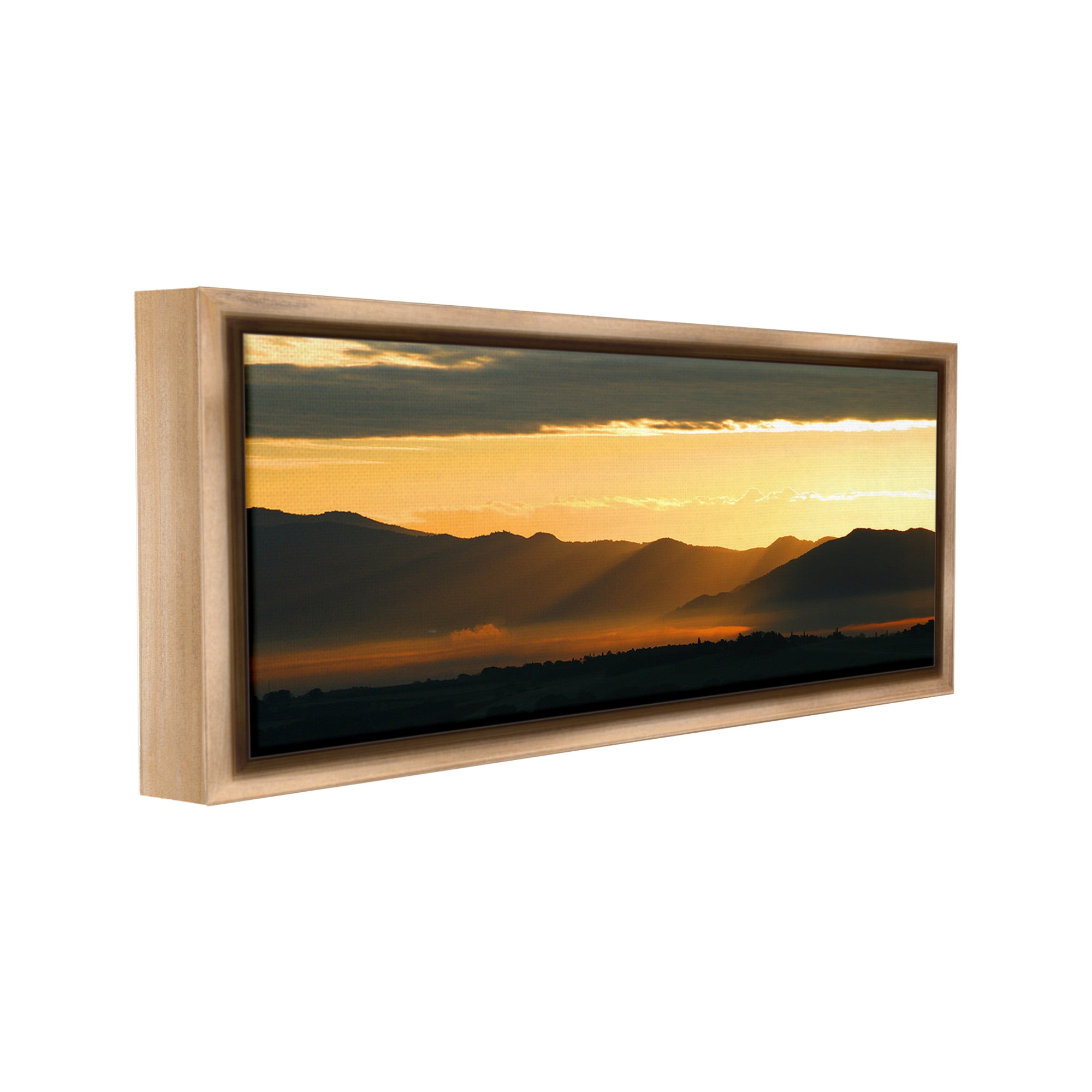 Stupell Industries Sun Rays Over Mountains Landscape Photography Brown Floater Framed Canvas Art Print Wall Art, 25 x 11