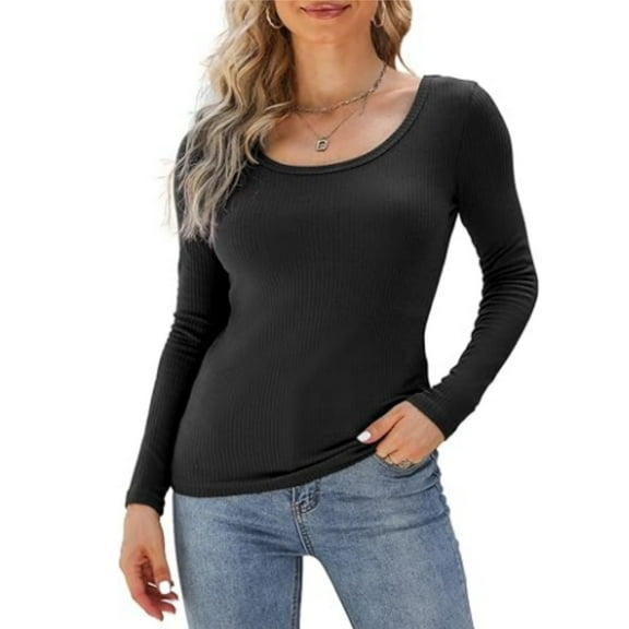 Women's Long Sleeve Scoop Neck Shirts Casual Slim Fit Tops Summer Fall Basic Business Work Tee
