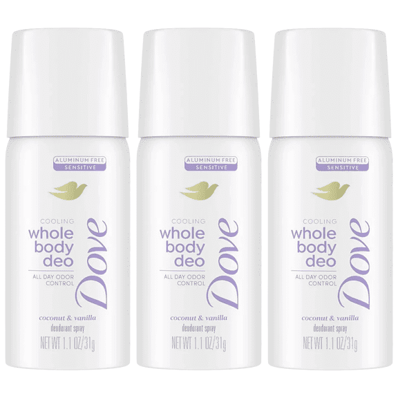 Dove Whole Body Deodorant Spray Coconut & Vanilla, 3 Pack, 1.1 oz Each, Aluminum Free Sensitive Formula