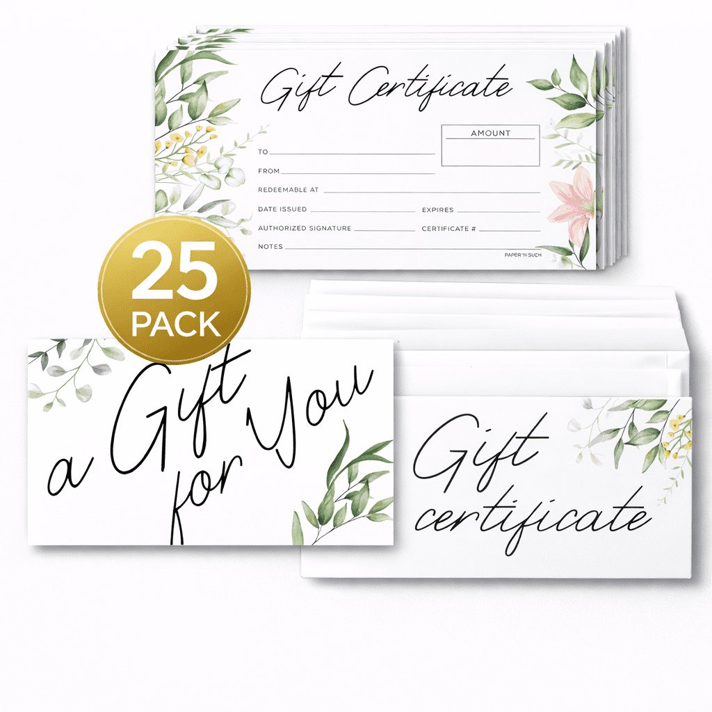 Paper 'n Such Set of 25 Blank Gift Certificates with Envelopes - Floral - Gift Card, for Personal or Small Business - 3.75 x 7.5”