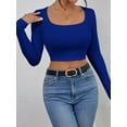 thumbnail image 5 of Long Sleeve Crop Tops for Women Ribbed Square Neck Slim Fitted Casual Lady Fashion Top Royal Blue M, 5 of 7