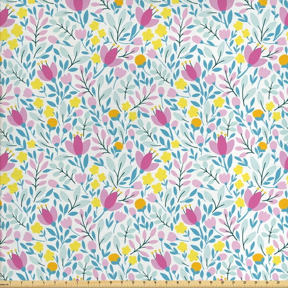 Floral Upholstery Fabric by the Yard, Pink and Yellow Colored Flowers in Bloom Buds with Leaves on Plain Background Print, Decorative Fabric for DIY and Home Accents, Multicolor by Ambesonne