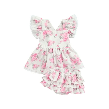 

aturustex Baby Girls Outfit Summer Lovely Floral Printing Fly Sleeve Wide Hem Tops with Ruffle Splicing Shorts Set (Pink 0-24 Months)