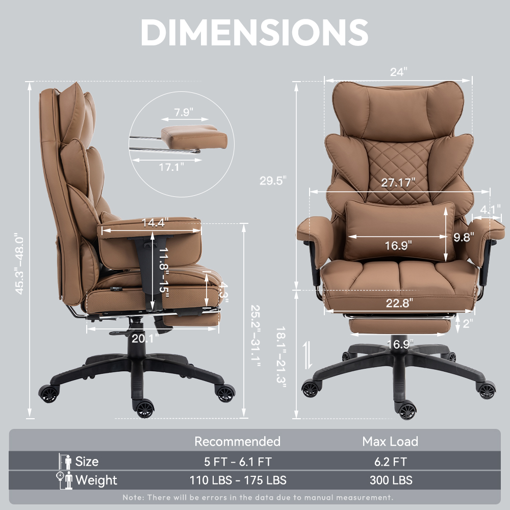 GOOSEA Office Chair Adult PU Leather High Back Indoor Commercial Adjustable Seat Height Executive Chairs Footrest, Brown