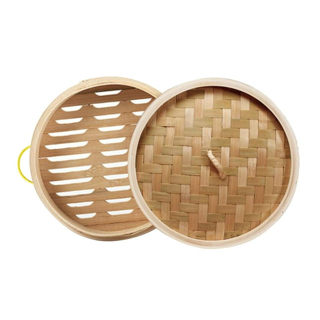 2 vaporeras de bambú con asas, redondas, para bollos al vapor, utensilios de cocina para el hogar (vaporera de 20 cm + tapa)