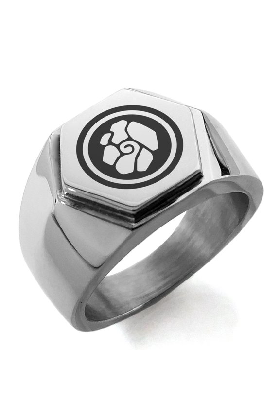 Stainless Steel Earth Element Rune Engraved Hexagon Crest Flat Top Biker Style Polished Ring