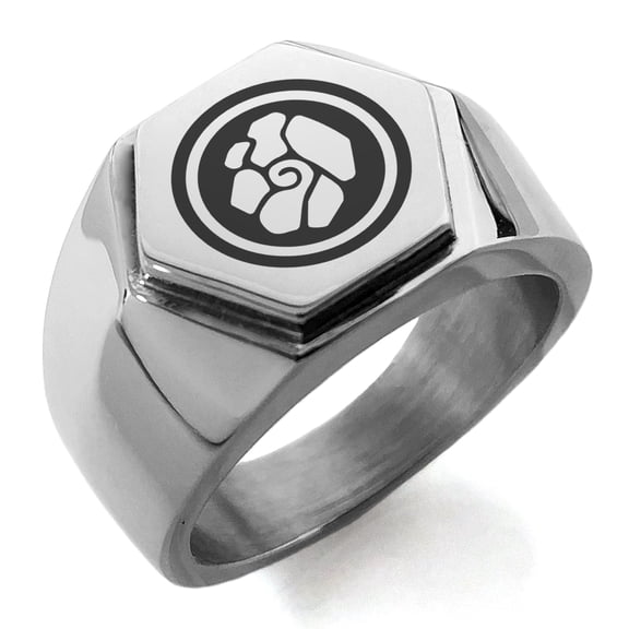 Stainless Steel Earth Element Rune Engraved Hexagon Crest Flat Top Biker Style Polished Ring