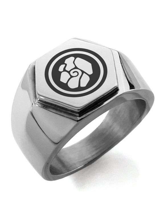 Stainless Steel Earth Element Rune Engraved Hexagon Crest Flat Top Biker Style Polished Ring