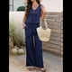 thumbnail image 5 of Conjunto de 2 Piezas para Mujer, Chaleco con Cuello en V y Cintura Anudada, Pantalones Casuales de Pierna , Azul Marino, Talla S, 5 of 9