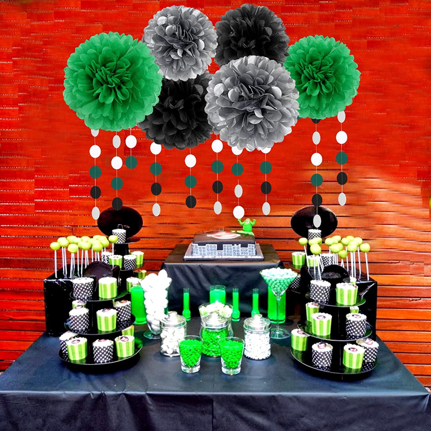 Black Green Silver Football Party-Decorations - 30pcs Soccer Graduation Streamers,Tissue Pom Poms,Tassel Garland Backdrop Men Boys Birthday Spring Sunmer Bunting Jungle theme Banner