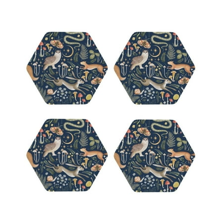 

Fuzoiu Retro Forest Animals Print Leather Coasters Set Drink Coasters Set of 4 for Tabletop Protection Durable PVC Coasters Home Décor and Housewarming Gift-Hexagon