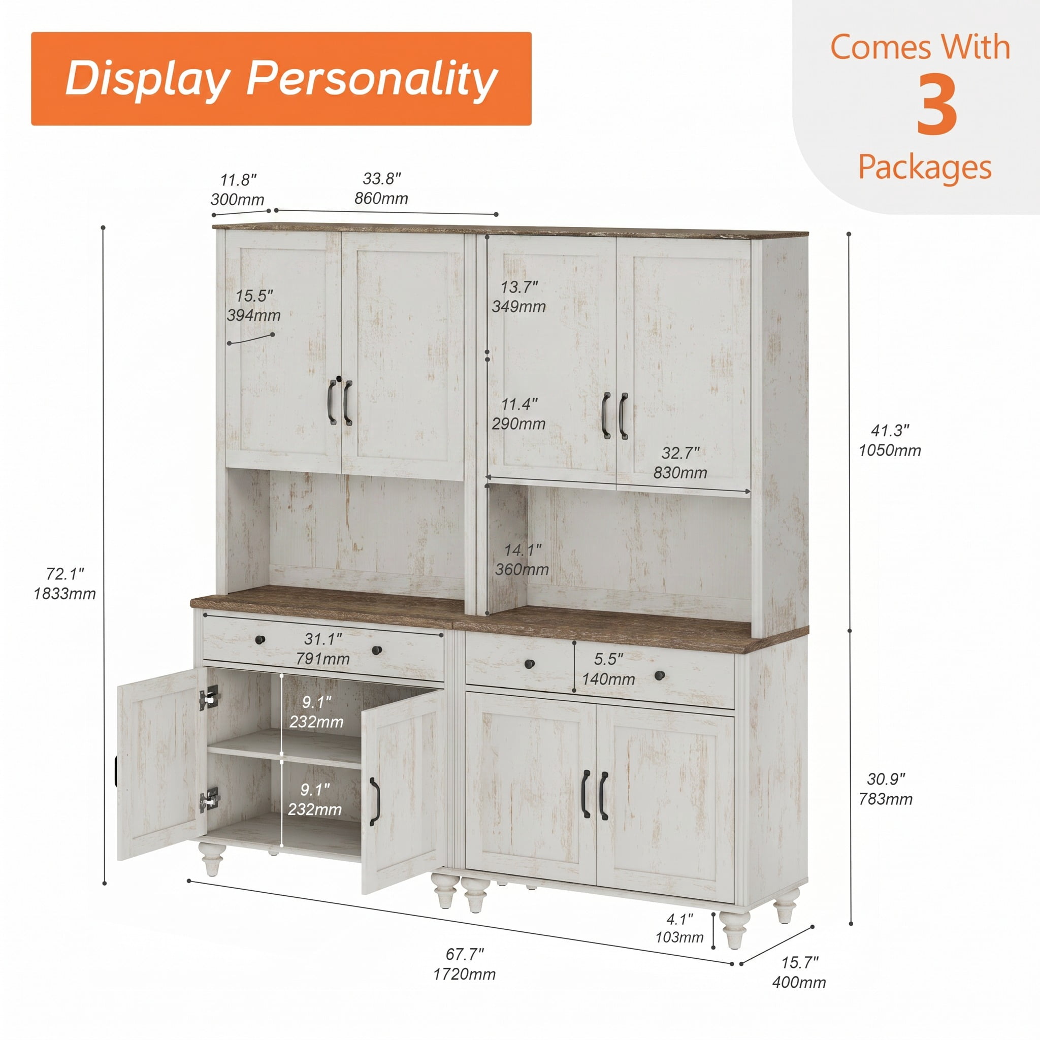 72"H × 68"W Large Farmhouse Wooden Library Bookcase with Ample Storage Cabinet, Freestanding Bookshelf for Living Room, Office & Study Room, Rustic white