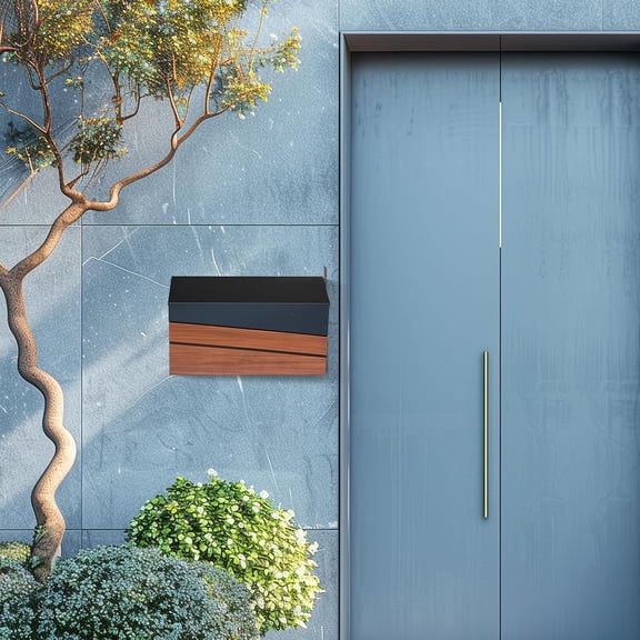 Wall Mount Mailbox with Walnut Wood Panel, Galvanized Steel Outdoor Mailbox for House with Flag and Large Capacity