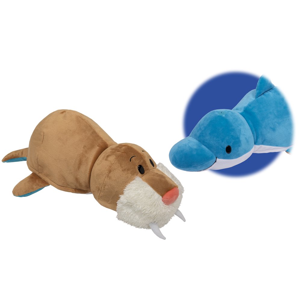 FlipaZoo 16" Blue Dolphin Transform to Brown Walrus Plush 2in1 Pillow