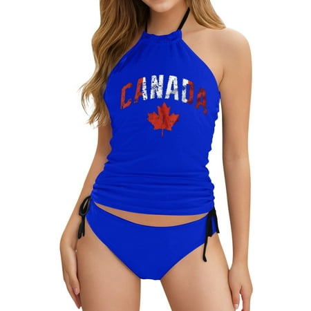 HABDGIKS 2025 Two Piece Swimsuit for Women Bathing Suits Canada Print Sexy Lace Up Removable Chest Pad Halter With Panty Bottom Cut Out Swimsuit